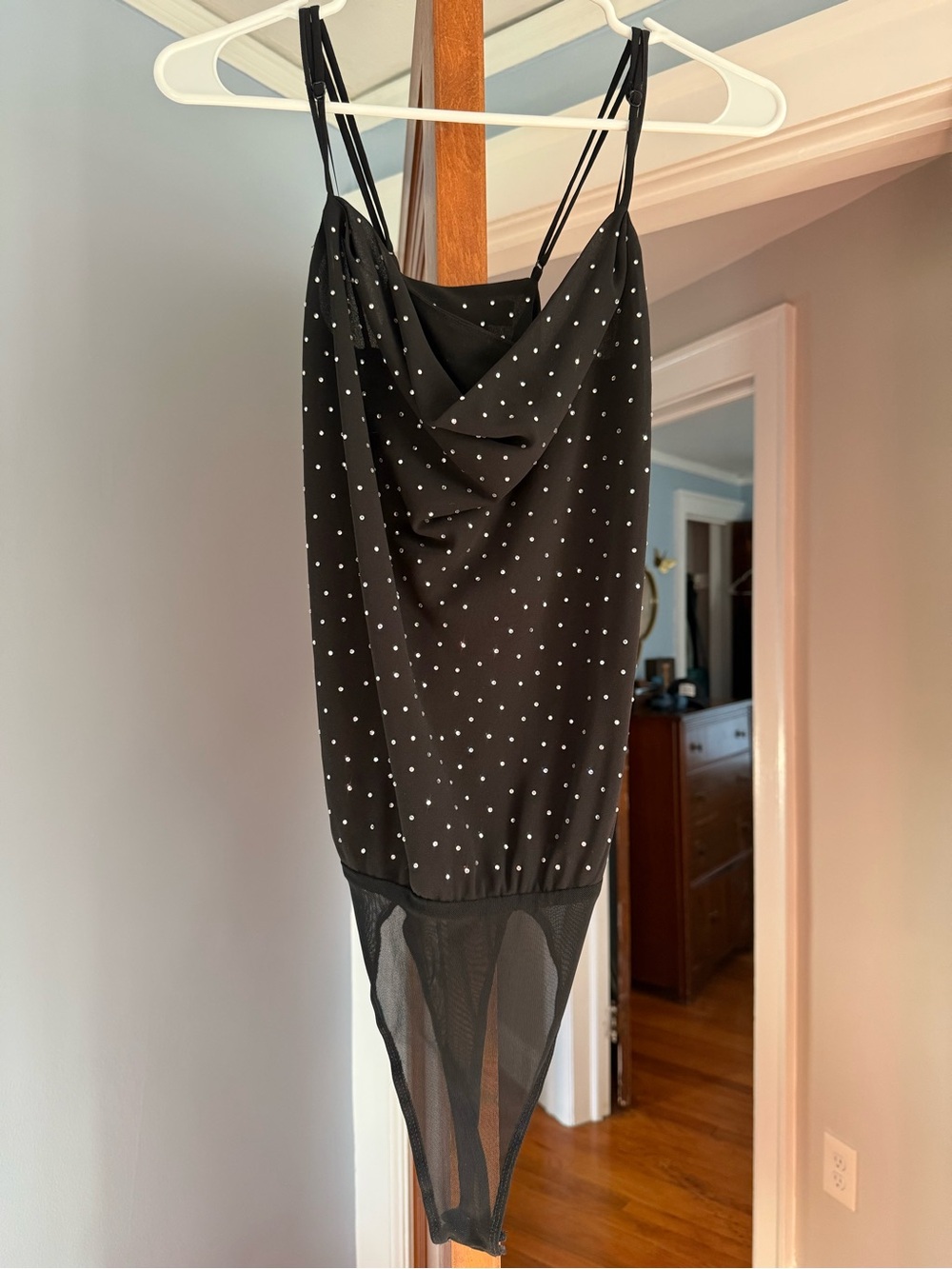 ASTR Black Polka Dot Draped Cowl Bodysuit